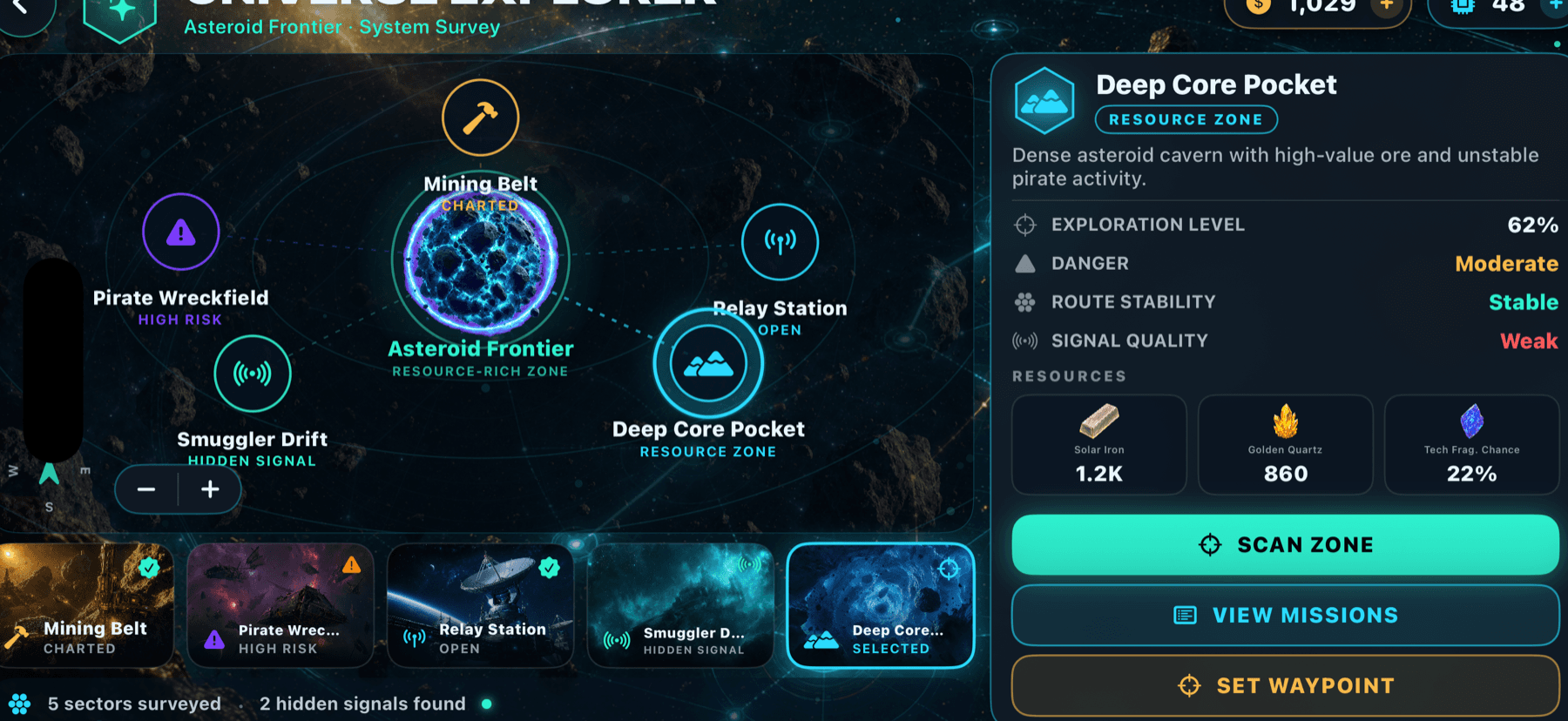 Chart the frontier — scan zones, find hidden signals, set waypoints