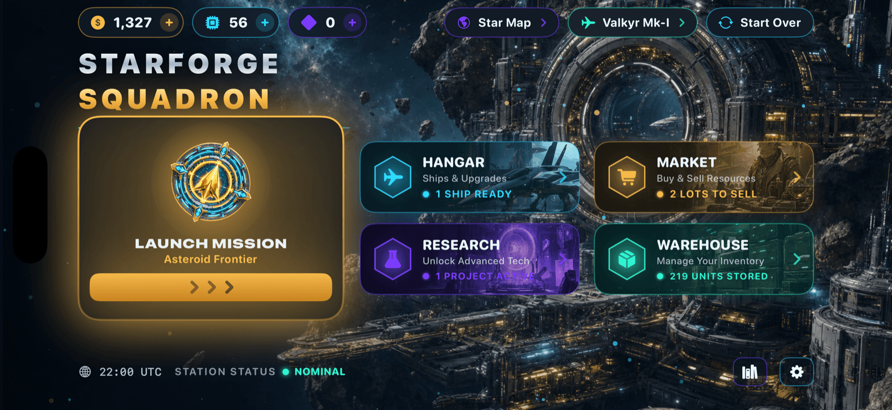 Your home station — launch, trade, research, and command the fleet